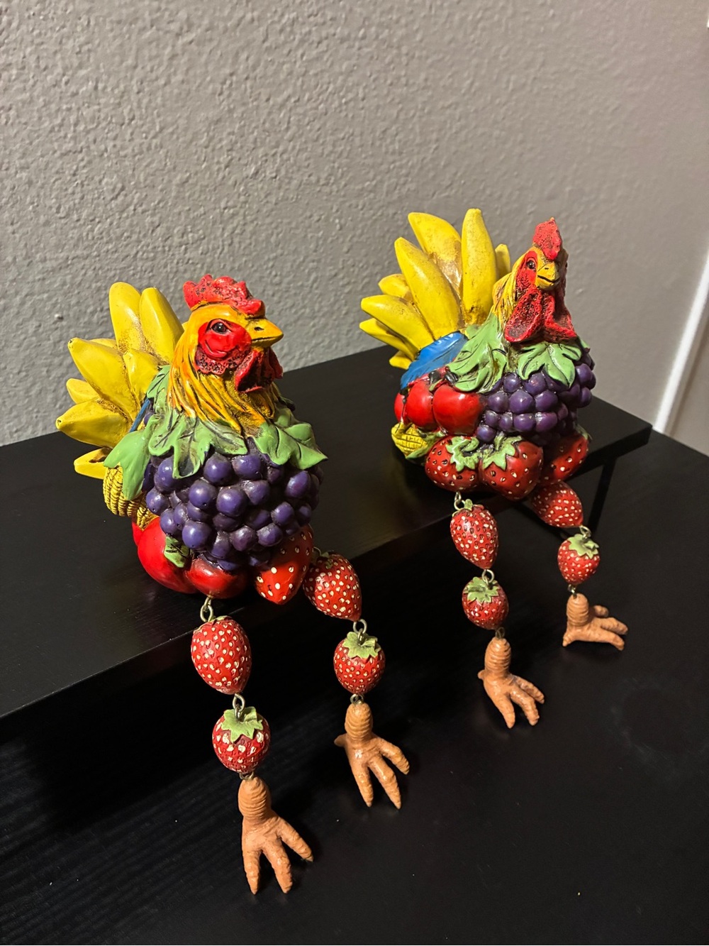 Anthropomorphic ROOSTER Sculpture Shelf Sitter Fruit Strawberries VTG x2